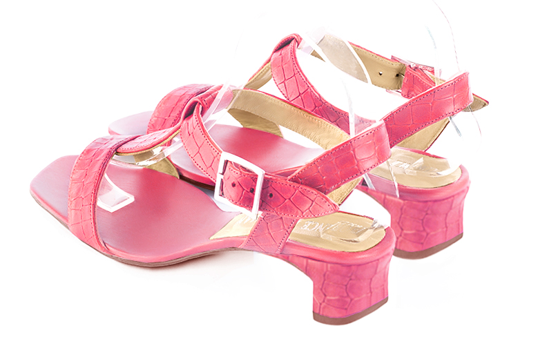 Carnation pink women's fully open sandals, with an instep strap. Square toe. Low kitten heels. Rear view - Florence KOOIJMAN